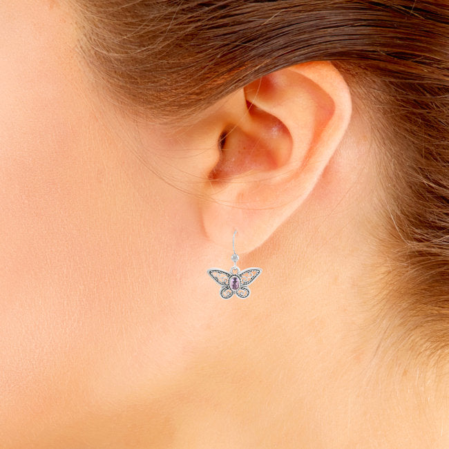 Butterfly Sterling Silver Earrings with Amethyst modelled