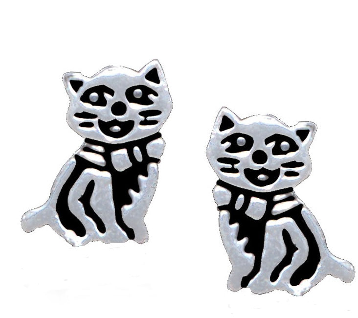 Cat Sterling Silver push-back Earrings with Oxidised Accents