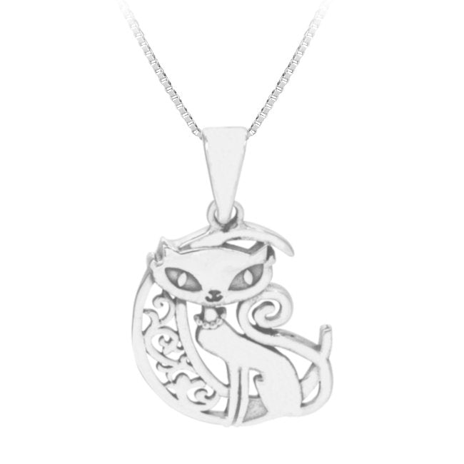 Cat with Crescent Moon Sterling Silver Pendantilver