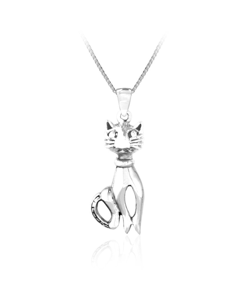 Cat Sterling Silver Pendant with Oxidised Accents