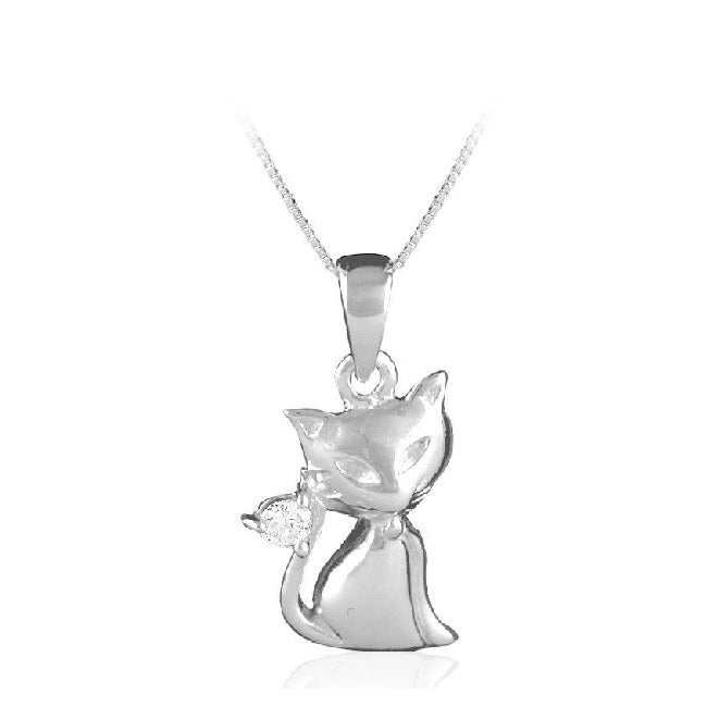Cat Sterling Silver with White Cubic Zirconia Pendant
