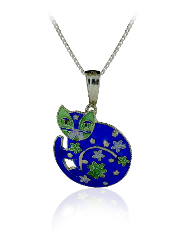 Cat with Flowers Sterling Silver Pendant with Enamel