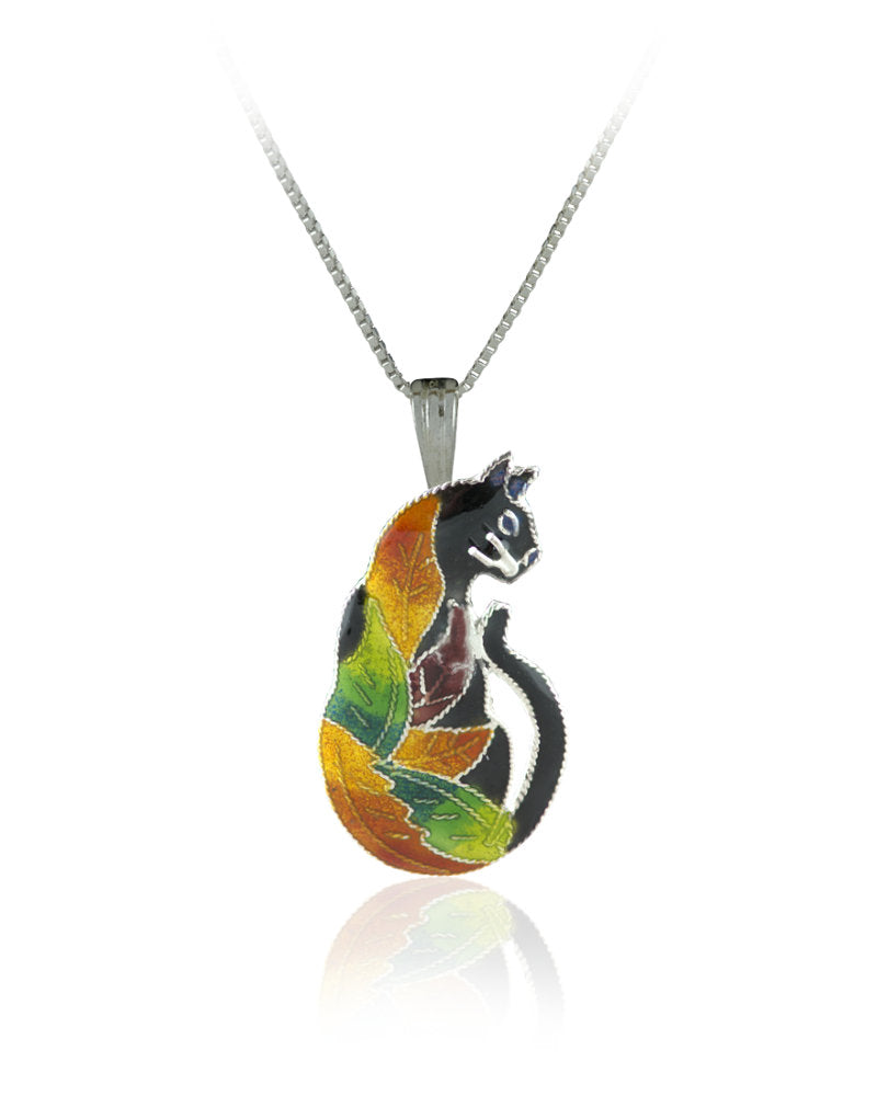 Looking Sideways Cat Sterling Silver plated Pendant with Enamels Silver plating