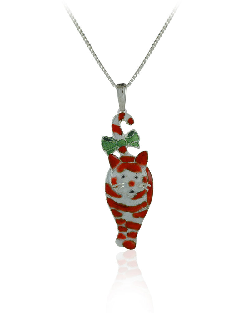Candy Cane Cat Pendant with Enamels & Silver plating