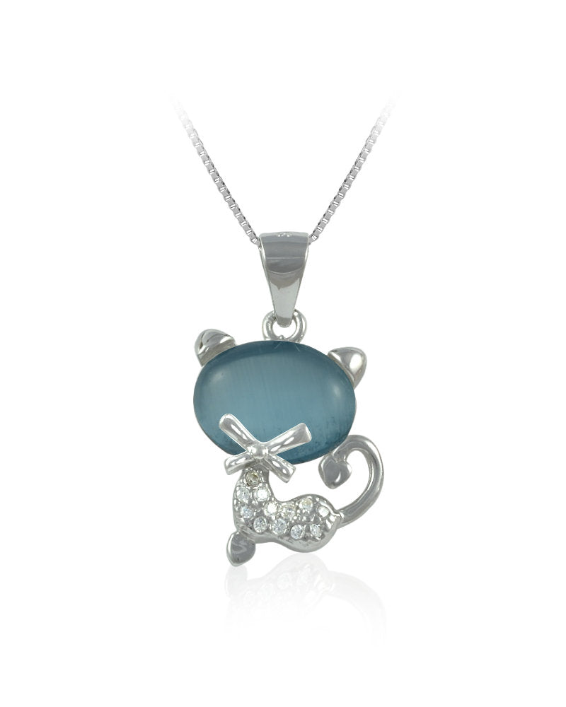 Cat Sterling Silver Pendant with Lab-Created Blue Moonstone & Cubic Zirconia