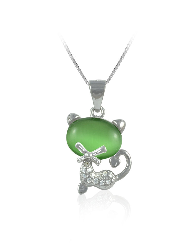Cat Sterling Silver Pendant with Lab-Created Green Moonstone & Cubic Zirconia