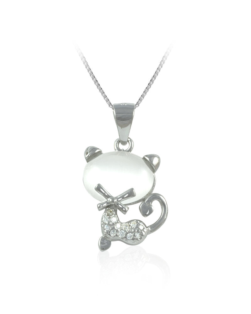 Cat Sterling Silver Pendant with Lab-Created Moonstone & Cubic Zirconia