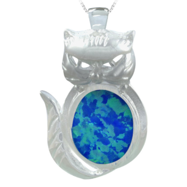 Cat Sterling Silver with Blue Lab-Created Opal Pendant