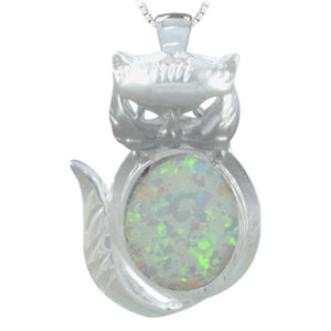 Cat Sterling Silver Pendant with Lab-Created White Opal