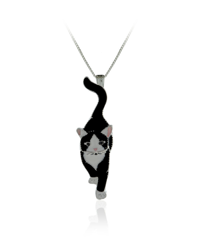 Tuxedo Cat Sterling Silver plated Pendant with Enamels