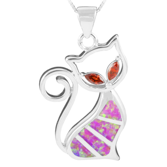 Cat Sterling Silver Pendant with Lab-Created Pink Opal & Cubic Zirconia