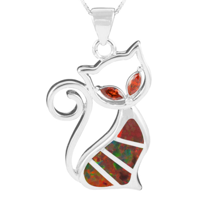 Cat Sterling Silver Pendant with Lab-Created Red Opal & Cubic Zirconia