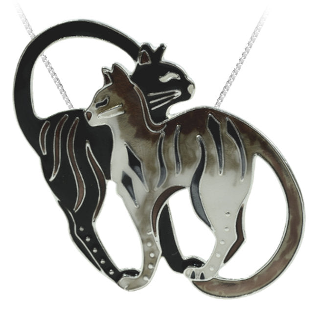 Cat Duo Sterling Silver plated with Enamels Pendant - Pin combo