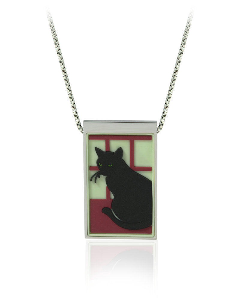 Black Cat in the Window Stainless Steel Pendant with Vinyls