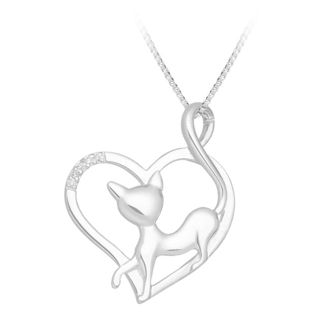 Cat in Heart Sterling Silver Pendant with Cubic Zirconia