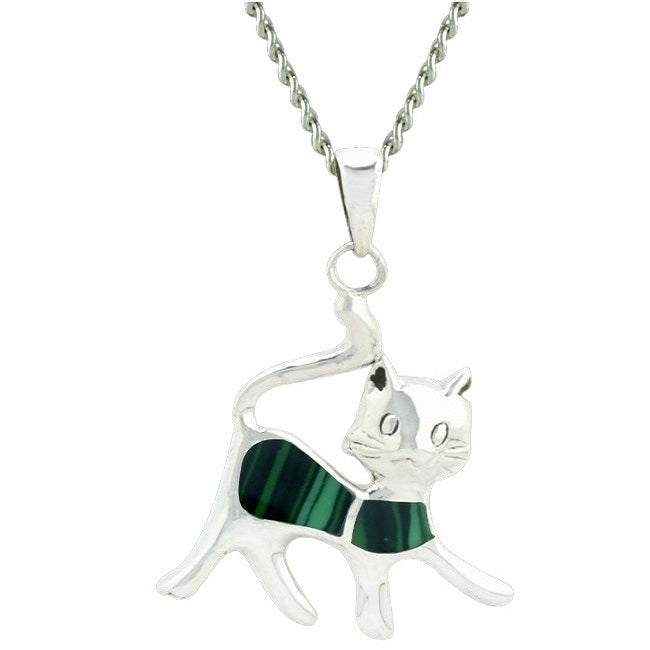 Cat Sterling Silver Pendant with Malachite