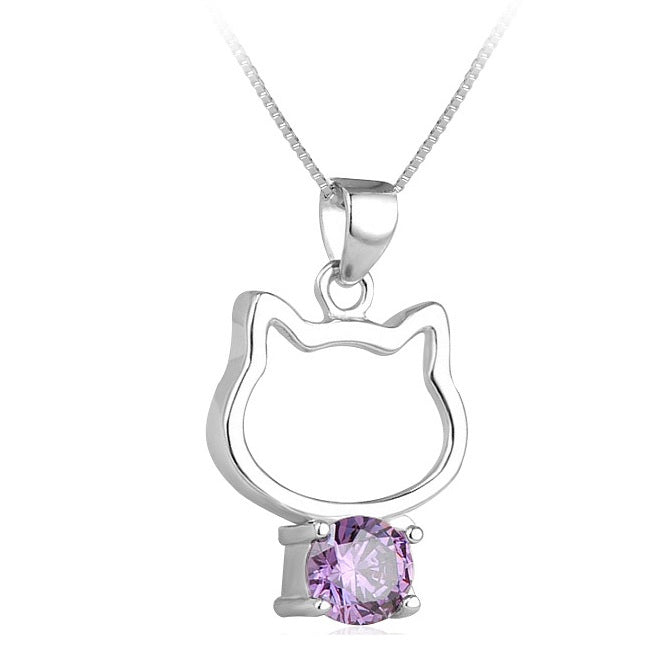 Lovable Cat Sterling Silver Pendant with Mauve Cubic Zirconia