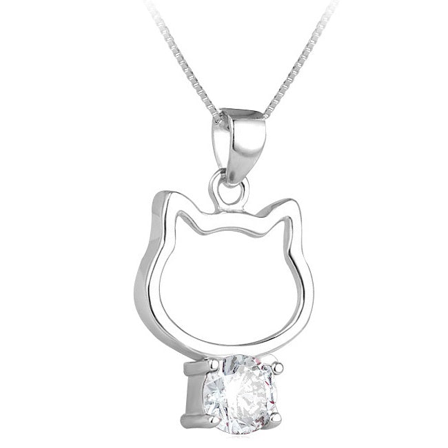 Cat Sterling Silver with White Cubic Zirconia Pendant