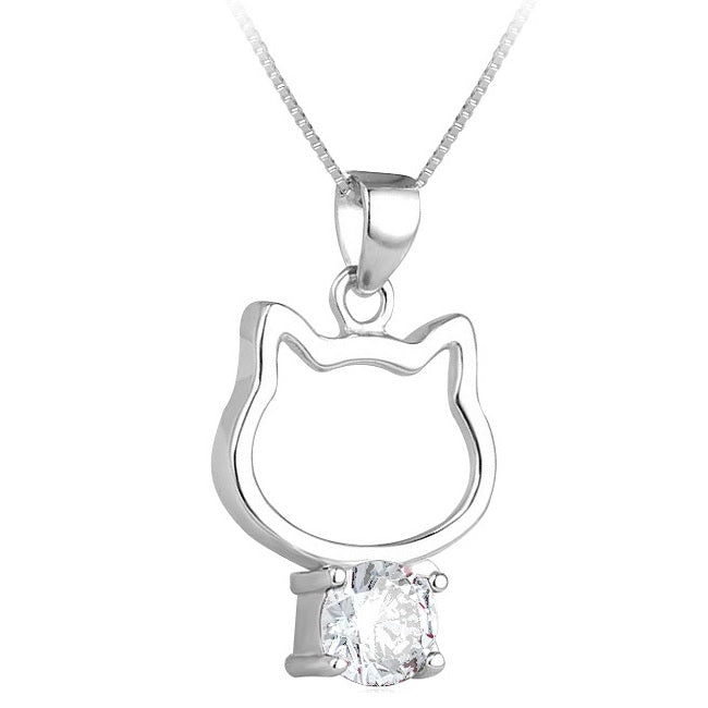 Lovable Cat Sterling Silver Pendant with White Cubic Zirconia