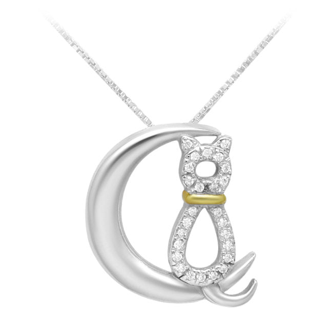 Cat on Moon Sterling Silver Necklace with White Cubic Zirconia