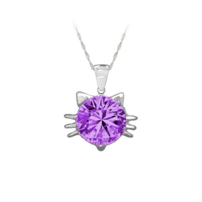 Cat Face Pendant in Sterling Silver with Mauve Cubic Zirconia