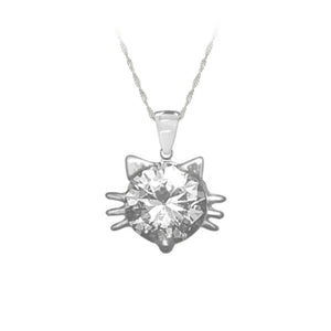 Whiskers Cat Face Pendant in Sterling Silver with White Cubic Zirconia