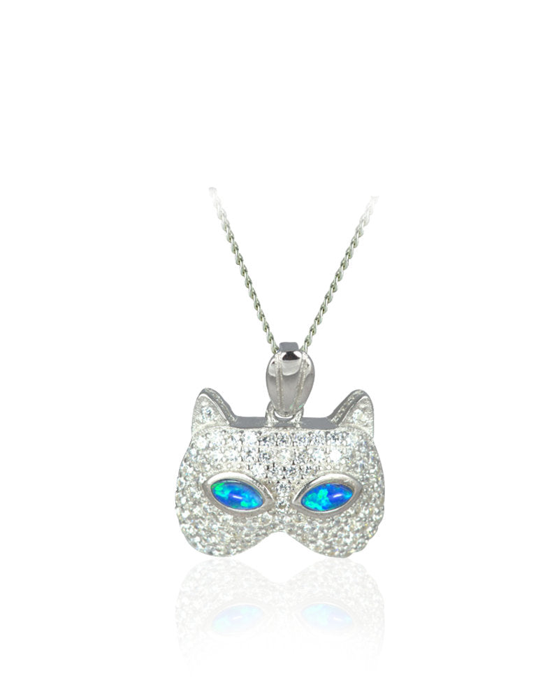 Mystic Cat Sterling Silver Pendant with Blue Lab-Created Opal & Cubic Zirconia