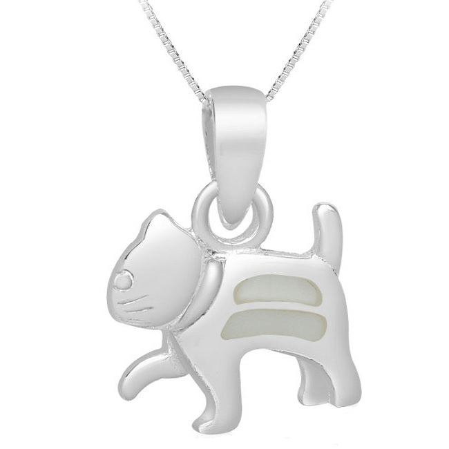 Cat Walking Sterling Silver Pendant with Mother of Pearl