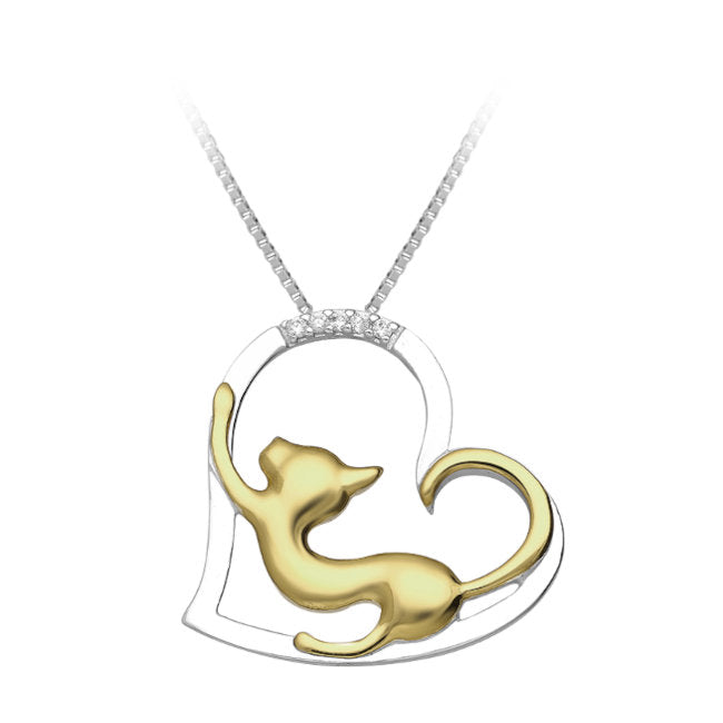 Stretching Cat in Heart Sterling Silver Pendant with 18k Gold accents & Cubic Zirconia