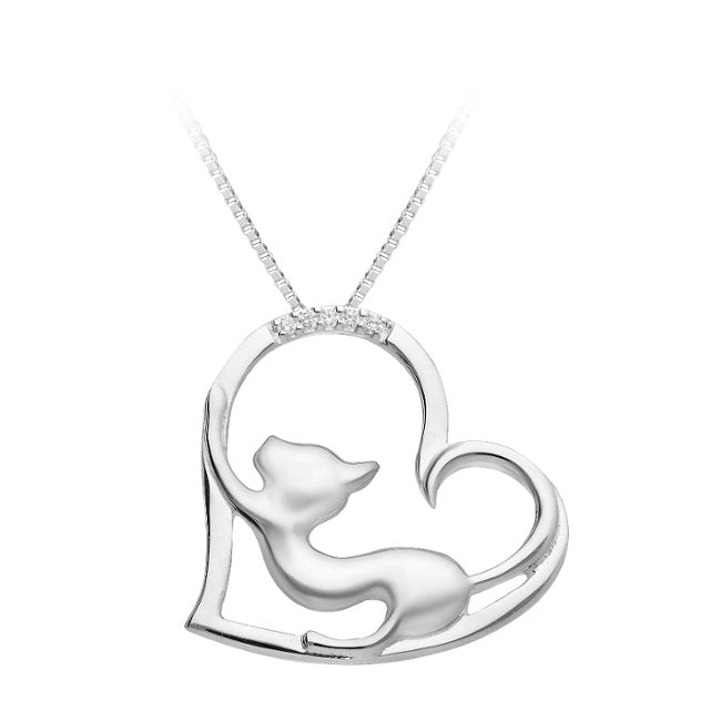 Cat in Heart Sterling Silver Pendant with Cubic Zirconia
