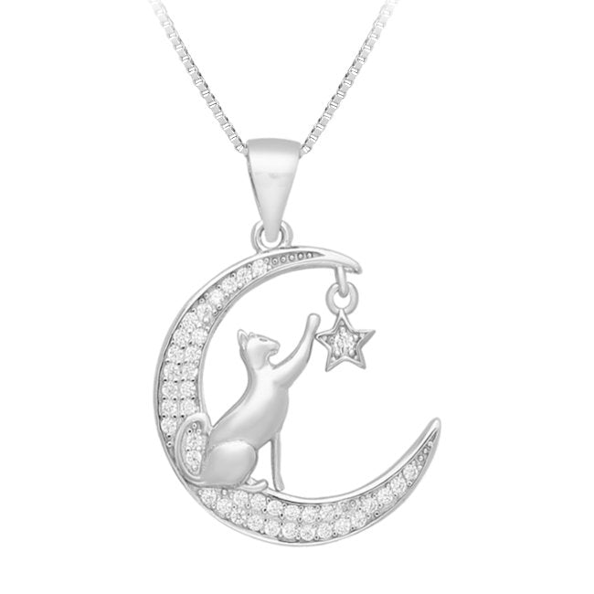 Cat Moon and Star Sterling Silver Pendant with Cubic Zirconia