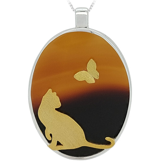 Cat & Butterfly Sterling Silver Pendant with Agate & Gold accents