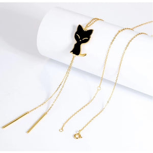 Cat Lariat Sterling Silver double sided Necklace with Gold & Enamel overlay & Cubic Zirconia