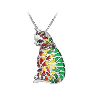 Looking Down Cat Sterling Silver Pendant - Pin combo with Ruby & Enamel