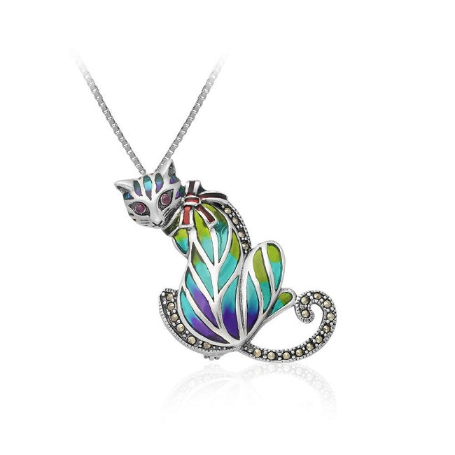 Cat Sterling Silver with Ruby, Marcasite & Enamels Pendant - Pin combo