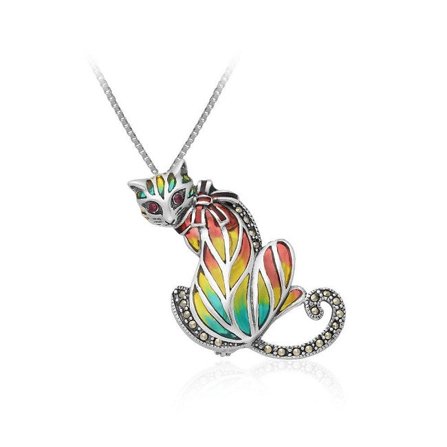 Looking Back Cat Sterling Silver Pendant - Pin combo with Ruby, Marcasite & Enamel