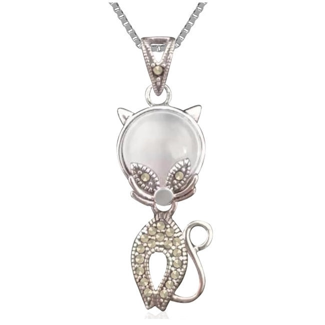 Cat Sterling Silver with Moonlight Chalcedony and Marcasite Pendant