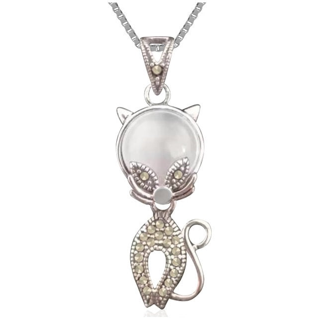 Pampered Cat Sterling Silver Pendant with Moonlight Chalcedony & Marcasite