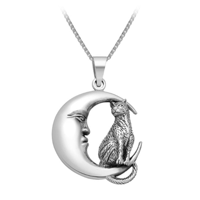Cat on Moon Sterling Silver Pendant with Oxidised Accents