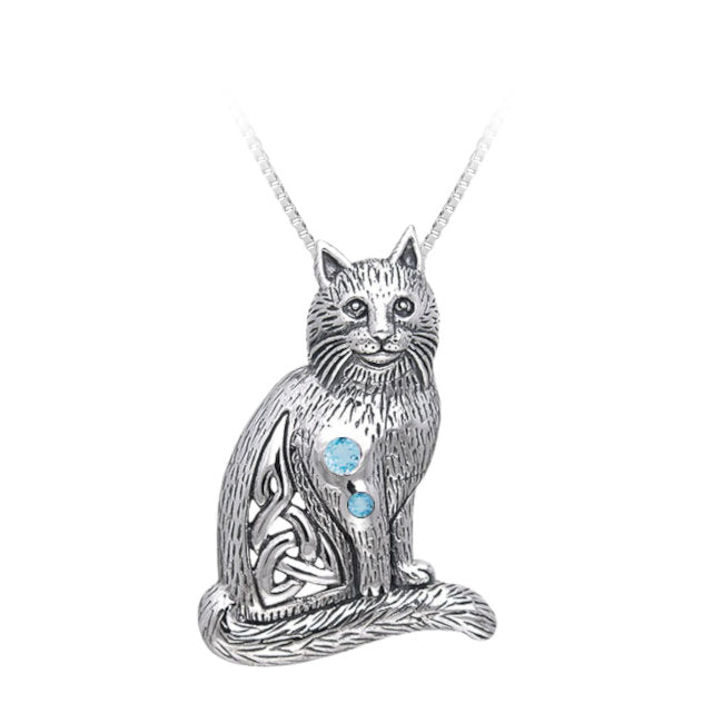 Cat with Celtic Knotwork Sterling Silver and Blue Topaz Pendant