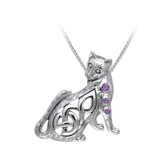 Cat Celtic Knotwork Sterling Silver Pendant with Amethyst