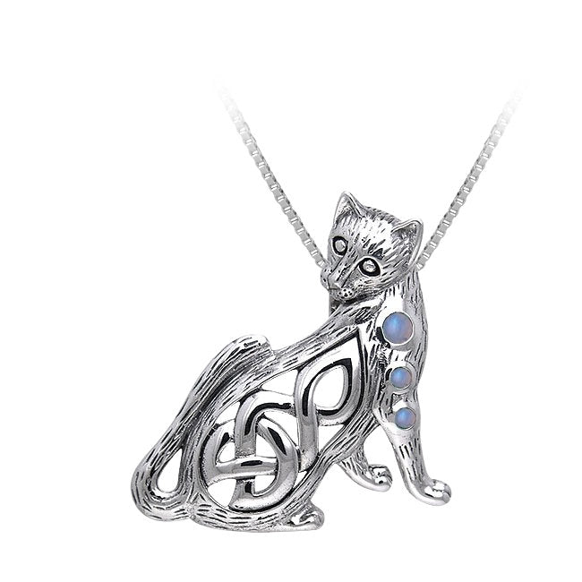 Celtic Knotwork Cat Sterling Silver with Rainbow Moonstone Pendant