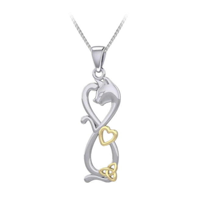 Cat Infinity Celtic Knotwork & Heart Sterling Silver Pendant with 14k Gold overlay