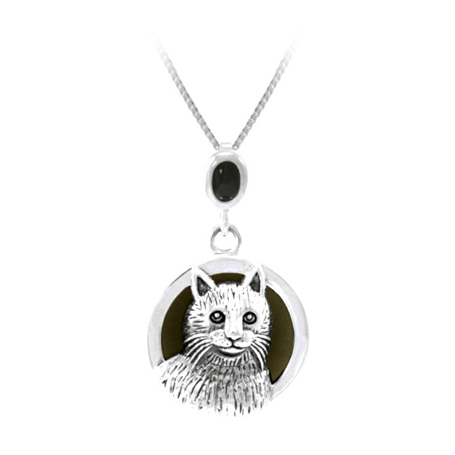 Cat Sterling Silver Pendant with Obsidian & Oxidised Accents