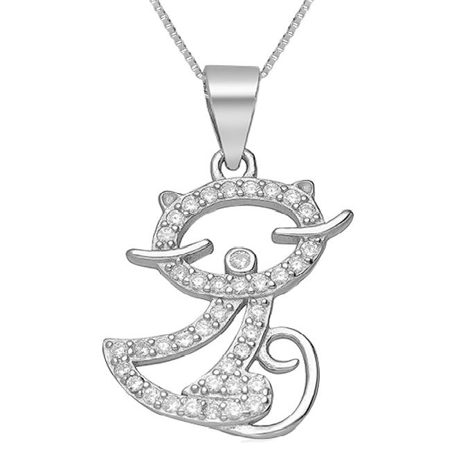 Cat Sterling Silver with White Cubic Zirconia Pendant