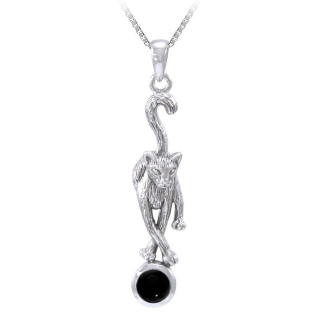 Cat Sterling Silver Pendant with Obsidian