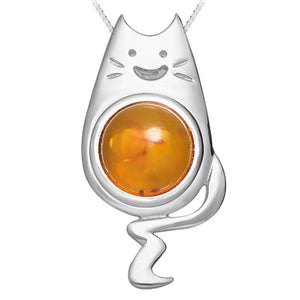 Cat Sterling Silver Pendant with Baltic Amber