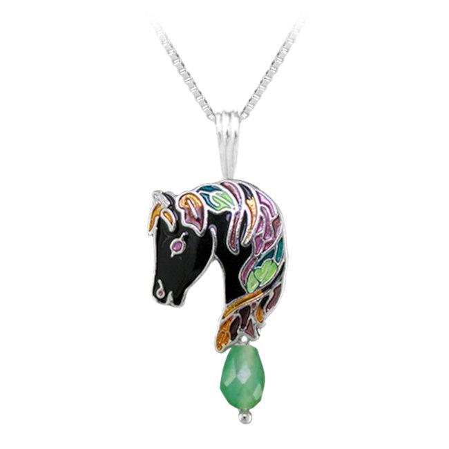 Horse Sterling Silver plated Pendant with Jade & Enamels