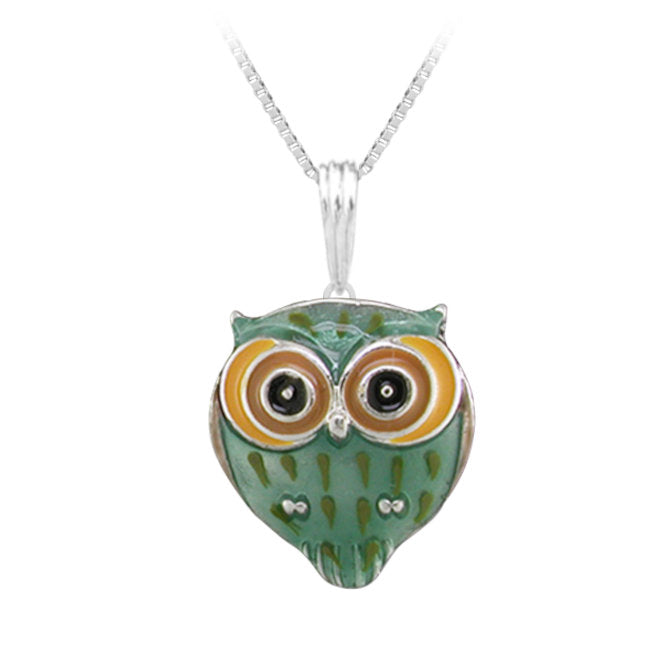 Owl with Big Eyes Sterling Silver plated Pendant with Enamels