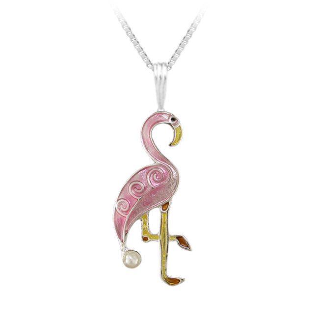 Flamingo Sterling Silver plated Pendant with Freshwater Pearl & Enamels